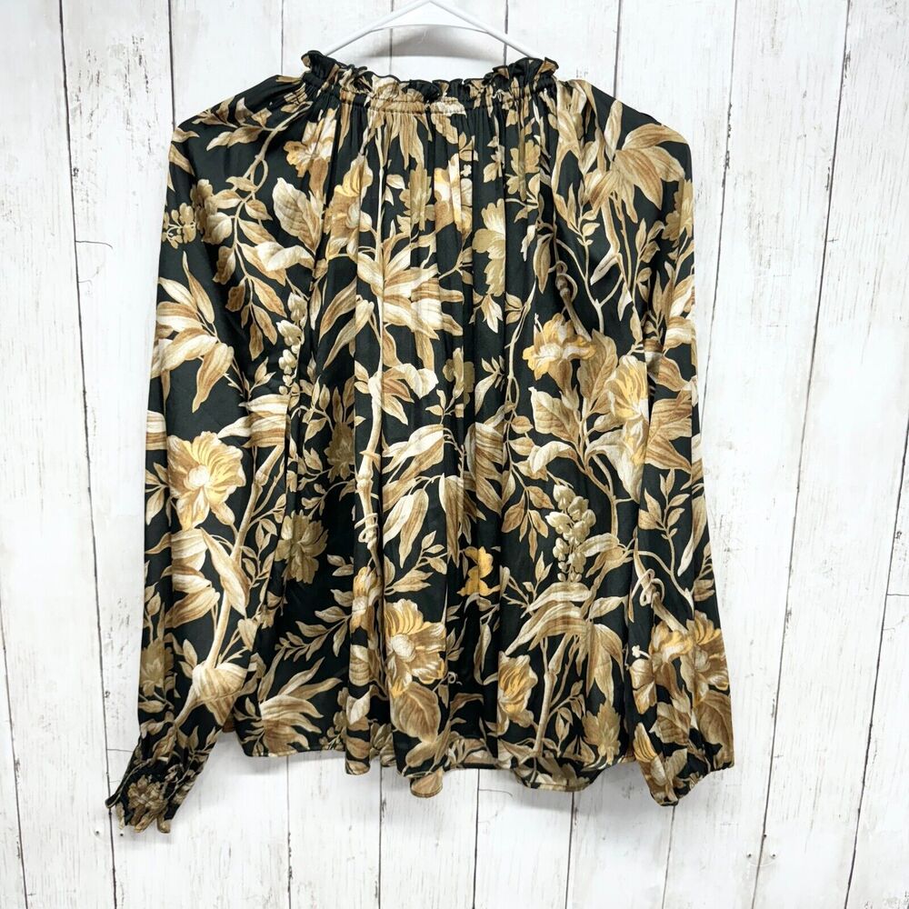 H&M Blouse Women Size 2 Gold Floral Wide Frill-Collared Mock‎ Neck Long Sleeve